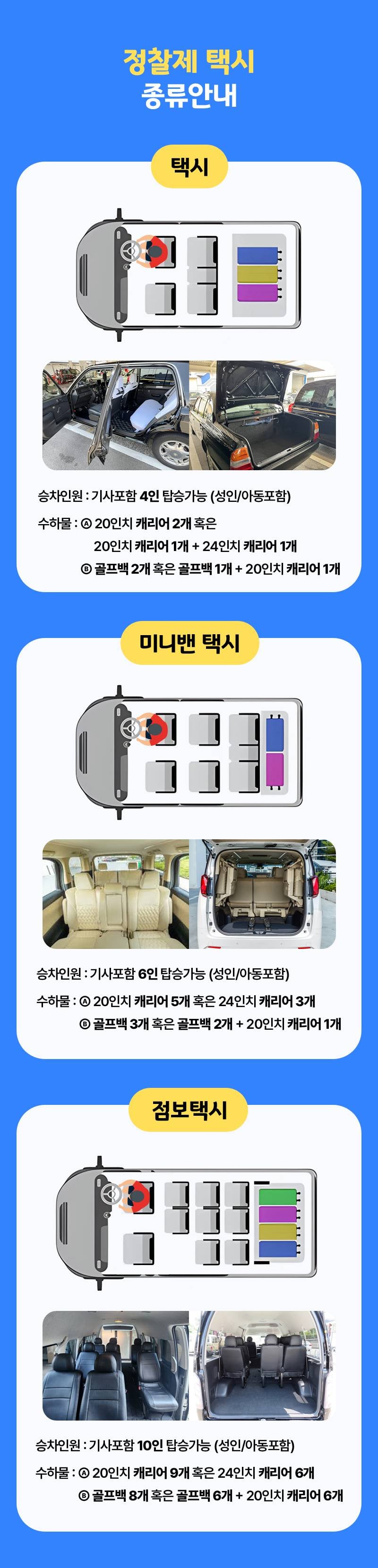 차종별 좌석배치와 짐 적재 예시