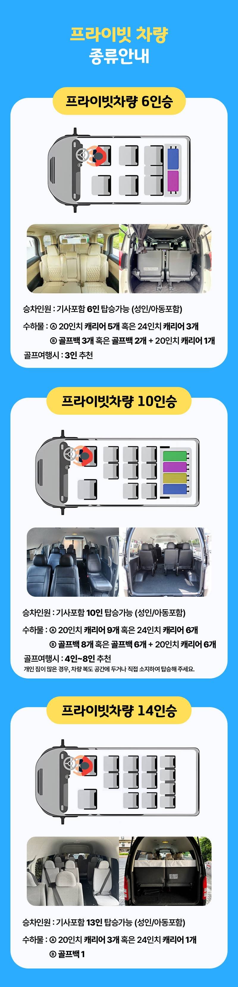 차종별 좌석배치와 짐 적재 예시